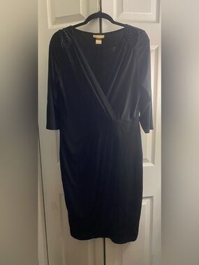 Miss Tina Black Wrap-Style Long Sleeve Dress with Embellished Shoulders